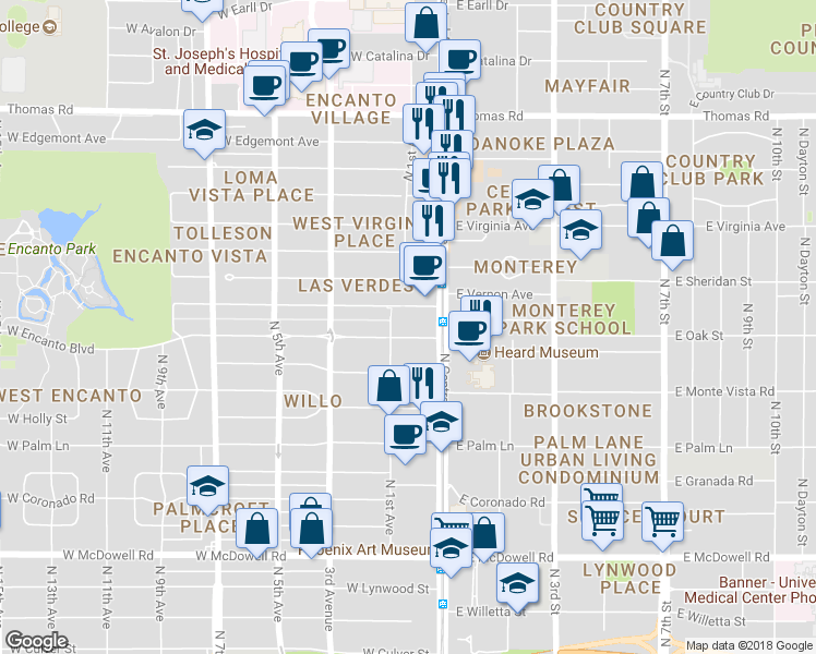 map of restaurants, bars, coffee shops, grocery stores, and more near 29 West Vernon Avenue in Phoenix