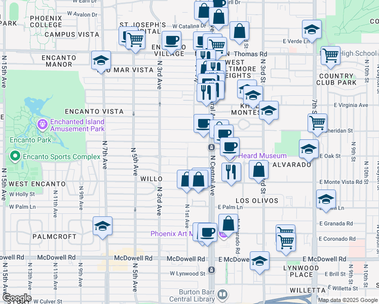 map of restaurants, bars, coffee shops, grocery stores, and more near 29 West Vernon Avenue in Phoenix