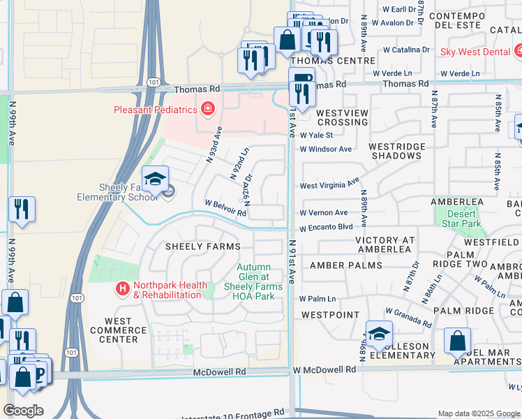 map of restaurants, bars, coffee shops, grocery stores, and more near 2213 North 91st Glen in Phoenix