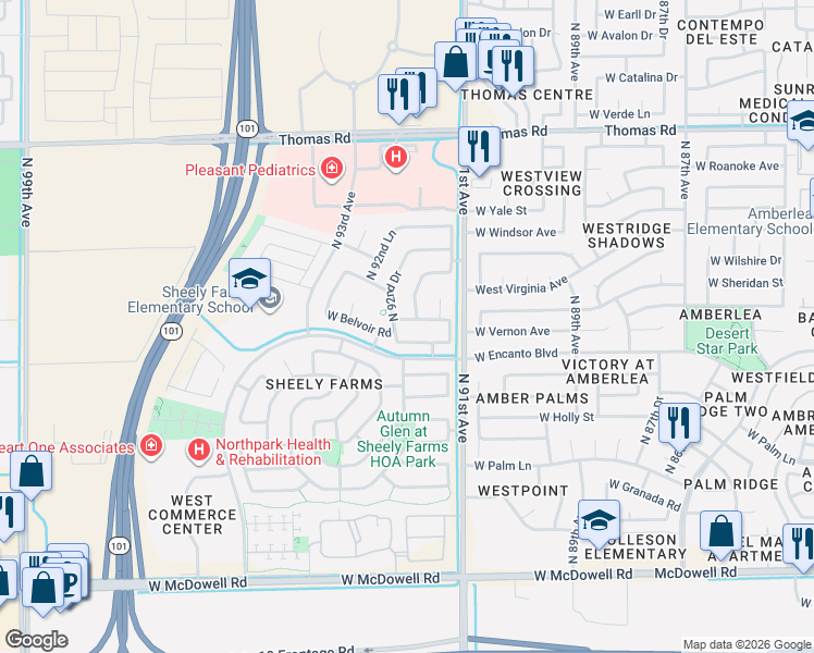 map of restaurants, bars, coffee shops, grocery stores, and more near 2213 North 91st Glen in Phoenix