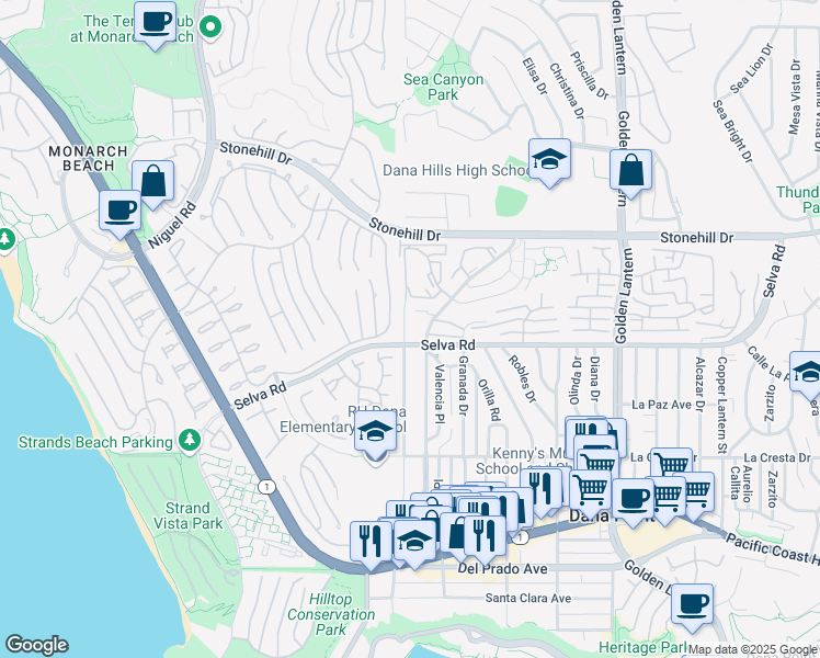map of restaurants, bars, coffee shops, grocery stores, and more near 33615 Via Corvalian in Dana Point