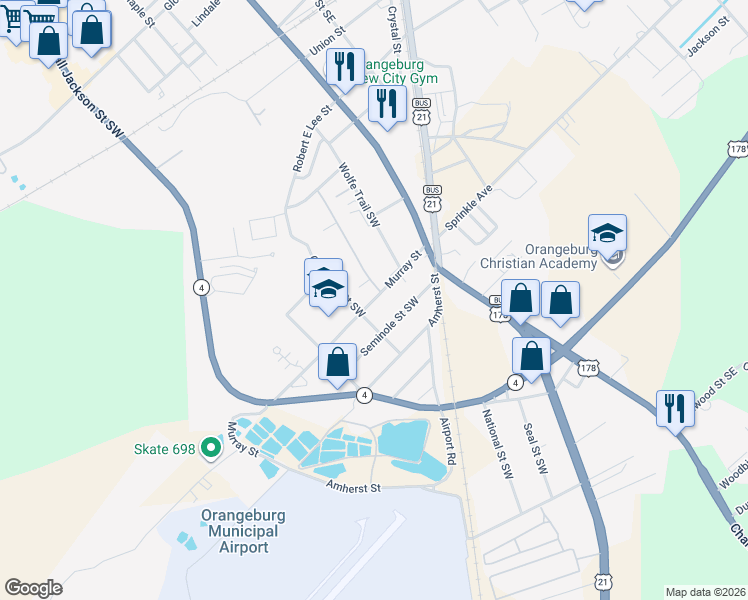map of restaurants, bars, coffee shops, grocery stores, and more near 237 Murray Road Southwest in Orangeburg