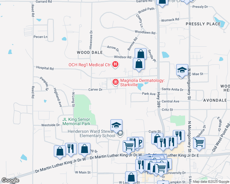 map of restaurants, bars, coffee shops, grocery stores, and more near 304-404 Carver Drive in Starkville