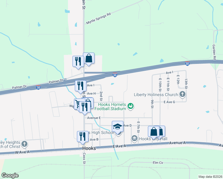 map of restaurants, bars, coffee shops, grocery stores, and more near 201 Avenue I in Hooks