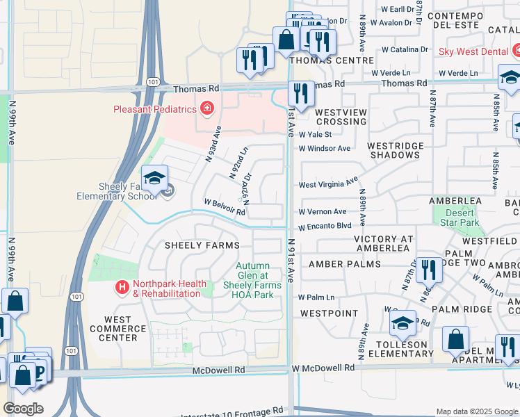 map of restaurants, bars, coffee shops, grocery stores, and more near 2213 North 91st Glen in Phoenix