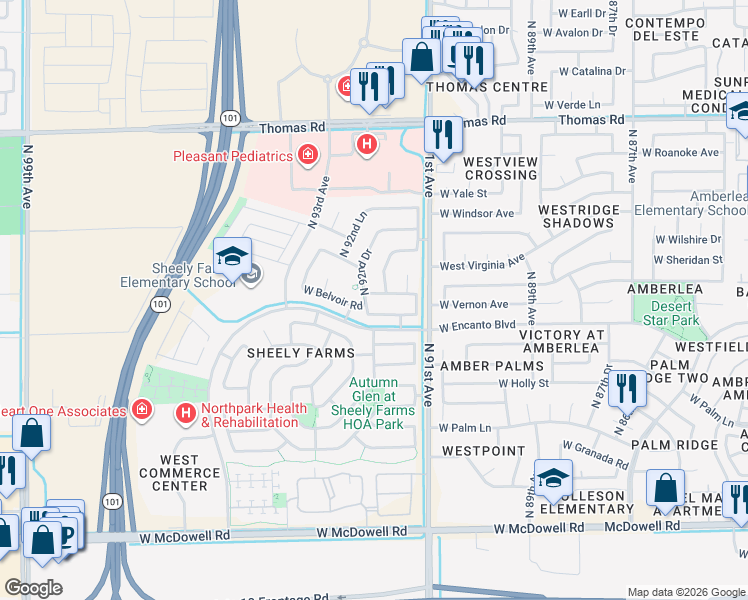 map of restaurants, bars, coffee shops, grocery stores, and more near 2213 North 91st Glen in Phoenix