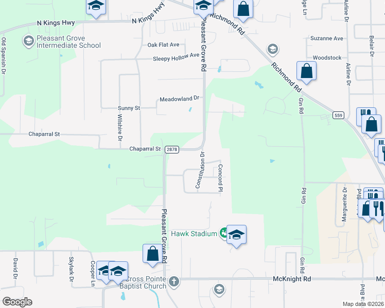 map of restaurants, bars, coffee shops, grocery stores, and more near 5601-5699 Pleasant Grove Road in Texarkana
