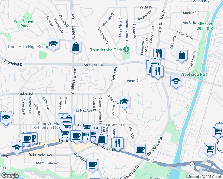 map of restaurants, bars, coffee shops, grocery stores, and more near 25095 Perch Drive in Dana Point