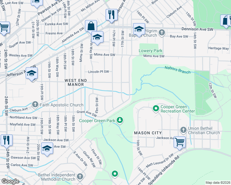 map of restaurants, bars, coffee shops, grocery stores, and more near 1619 17th Place Southwest in Birmingham
