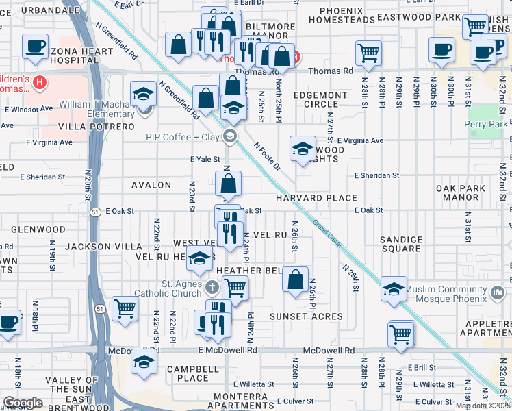 map of restaurants, bars, coffee shops, grocery stores, and more near 2302 North 25th Street in Phoenix