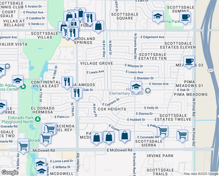 map of restaurants, bars, coffee shops, grocery stores, and more near 2323 North 81st Way in Scottsdale