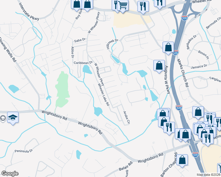 map of restaurants, bars, coffee shops, grocery stores, and more near 7120 Belize Drive in Augusta