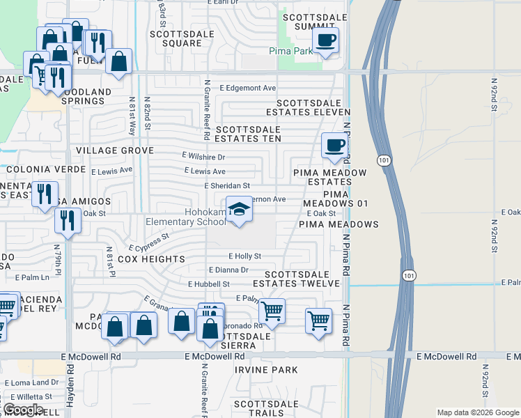 map of restaurants, bars, coffee shops, grocery stores, and more near 8528 East Vernon Avenue in Scottsdale