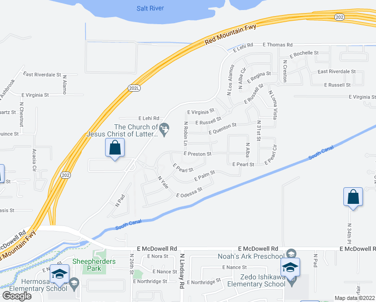 map of restaurants, bars, coffee shops, grocery stores, and more near 2810 East Preston Street in Mesa