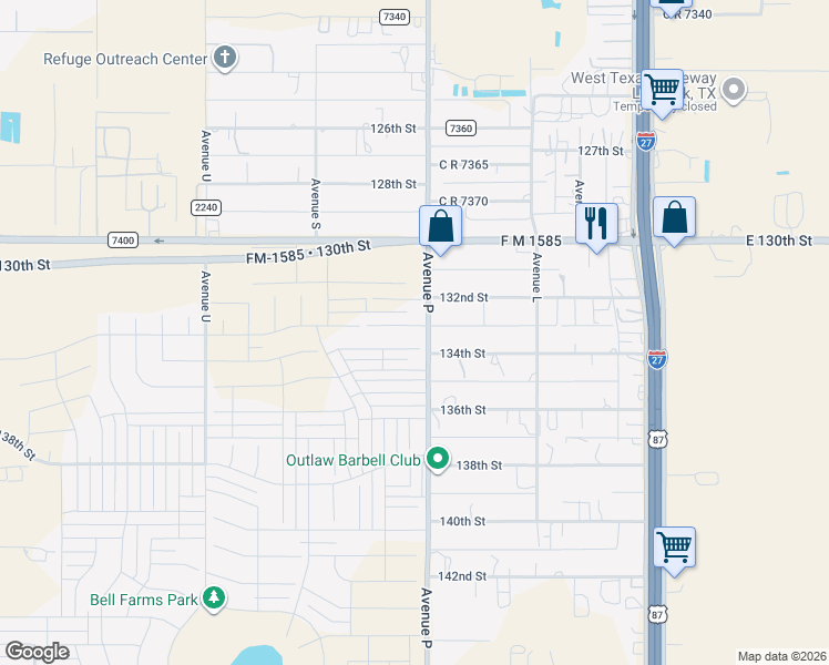 map of restaurants, bars, coffee shops, grocery stores, and more near 13201-13315 Avenue P in Lubbock