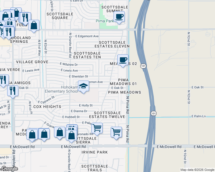 map of restaurants, bars, coffee shops, grocery stores, and more near 8614 East Vernon Avenue in Scottsdale