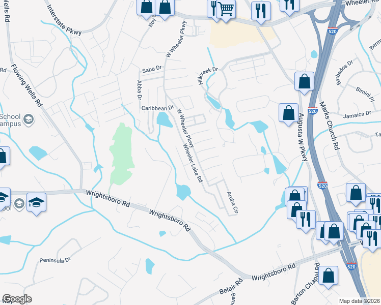 map of restaurants, bars, coffee shops, grocery stores, and more near 5076 Wheeler Lake Road in Augusta