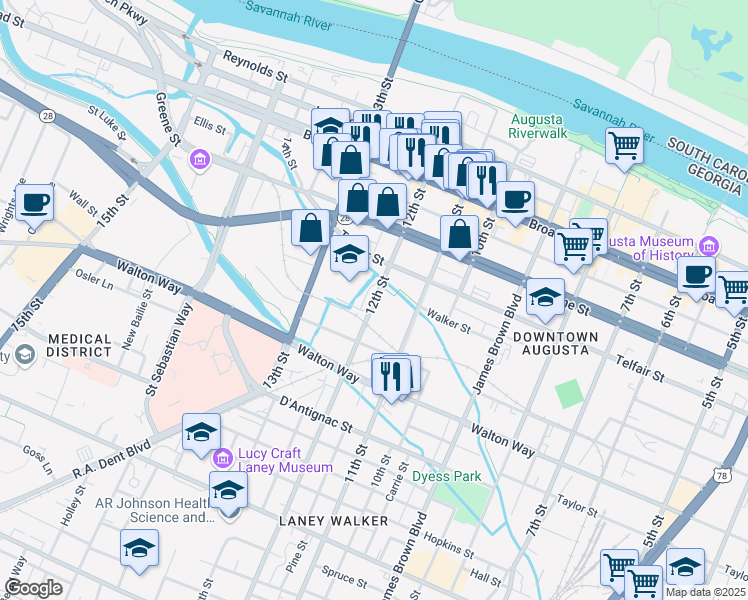 map of restaurants, bars, coffee shops, grocery stores, and more near 615 12th Street in Augusta