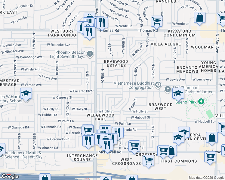 map of restaurants, bars, coffee shops, grocery stores, and more near 5023 West Lewis Avenue in Phoenix