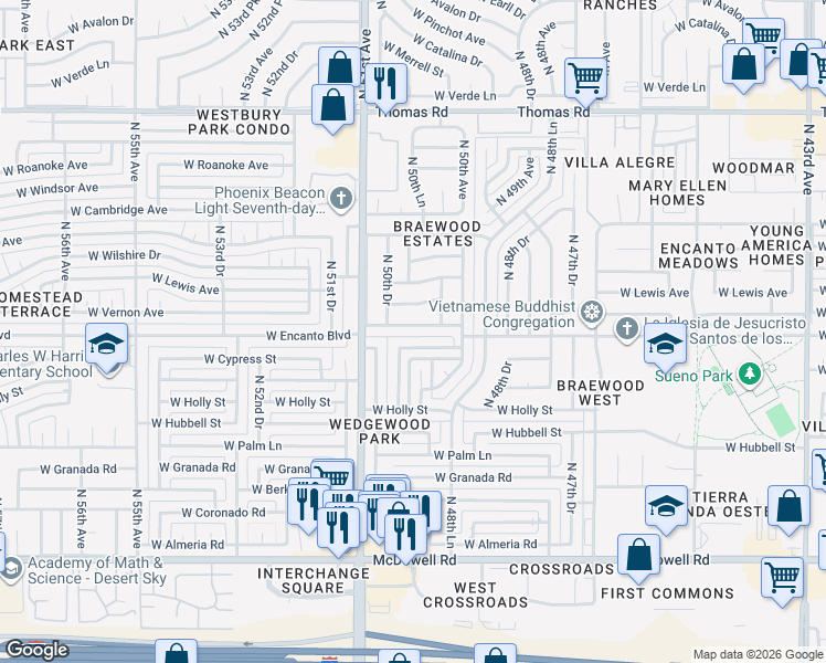 map of restaurants, bars, coffee shops, grocery stores, and more near 5023 West Lewis Avenue in Phoenix