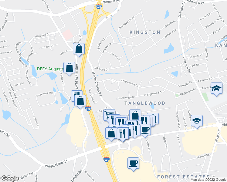 map of restaurants, bars, coffee shops, grocery stores, and more near Springfield Circle in Augusta