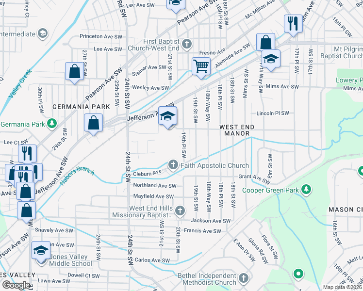 map of restaurants, bars, coffee shops, grocery stores, and more near 1416 19th Place Southwest in Birmingham