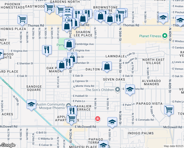 map of restaurants, bars, coffee shops, grocery stores, and more near 3325 East Harvard Street in Phoenix