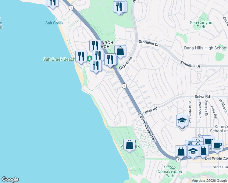 map of restaurants, bars, coffee shops, grocery stores, and more near 23601 Sidney Bay in Dana Point