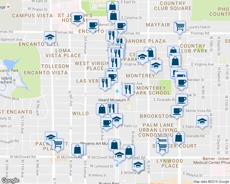 map of restaurants, bars, coffee shops, grocery stores, and more near 2323 North Central Avenue in Phoenix