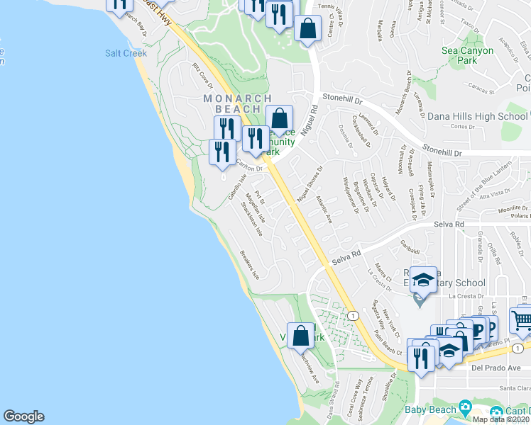 map of restaurants, bars, coffee shops, grocery stores, and more near 23601 Sidney Bay in Dana Point