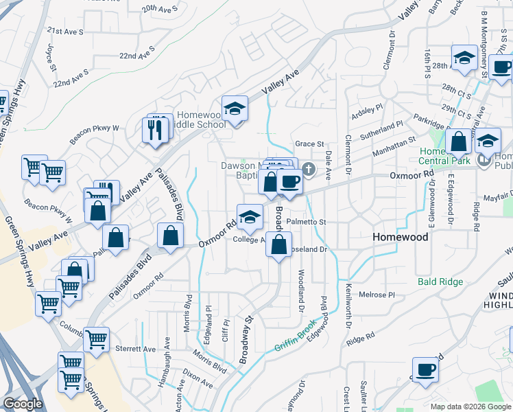 map of restaurants, bars, coffee shops, grocery stores, and more near 912 Oxmoor Road in Homewood