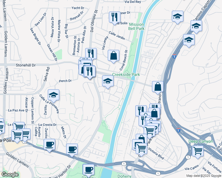 map of restaurants, bars, coffee shops, grocery stores, and more near 33621 Tidewater Drive in Dana Point