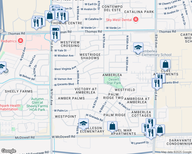 map of restaurants, bars, coffee shops, grocery stores, and more near 8726 West Lewis Avenue in Phoenix
