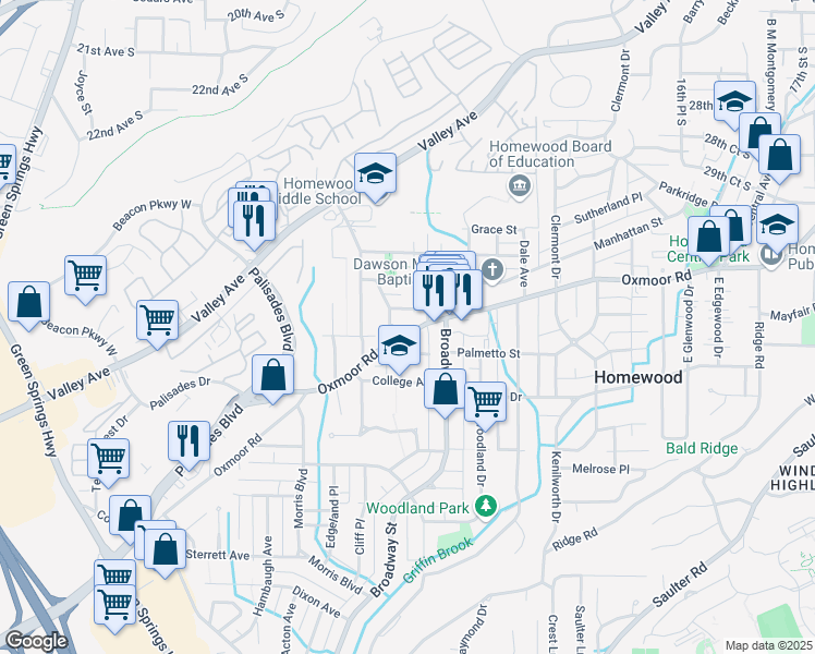 map of restaurants, bars, coffee shops, grocery stores, and more near 912 Oxmoor Road in Homewood