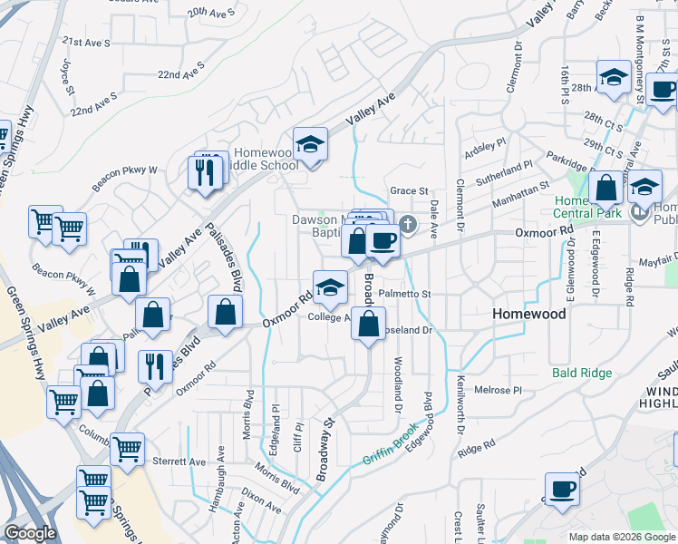 map of restaurants, bars, coffee shops, grocery stores, and more near 909 Stuart Street in Birmingham
