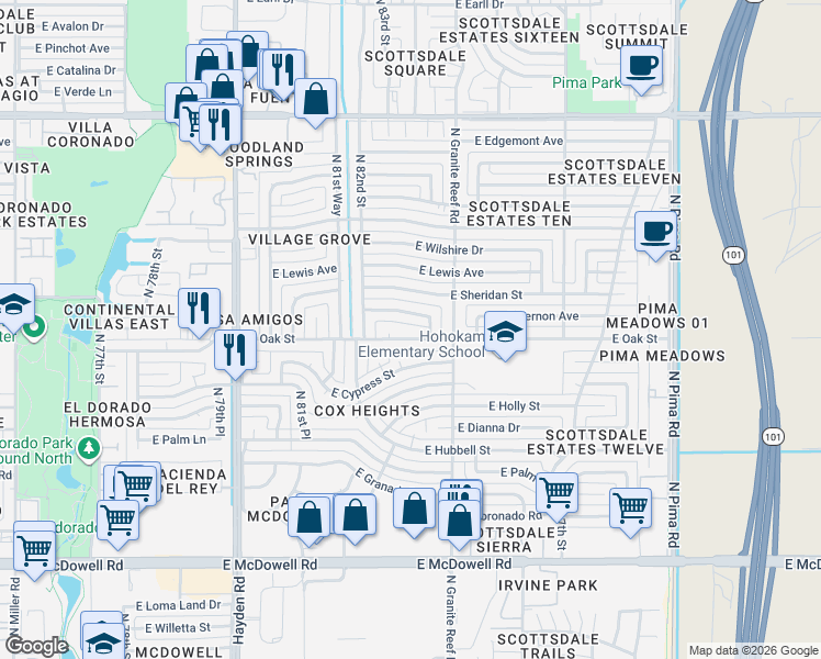 map of restaurants, bars, coffee shops, grocery stores, and more near 8316 East Vernon Avenue in Scottsdale