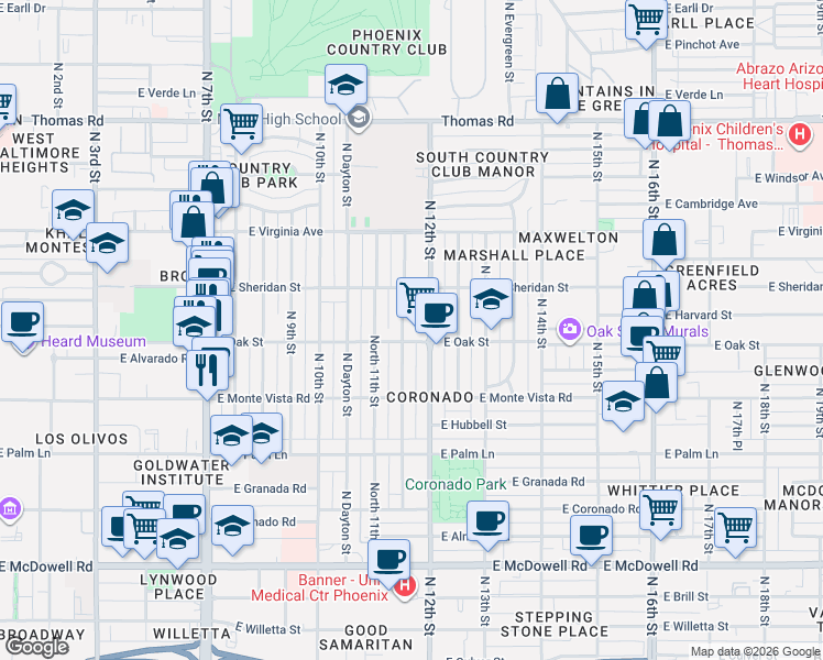 map of restaurants, bars, coffee shops, grocery stores, and more near 2326 North Mitchell Street in Phoenix