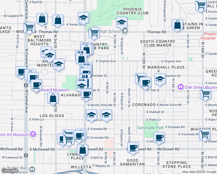map of restaurants, bars, coffee shops, grocery stores, and more near 2326 North 9th Street in Phoenix