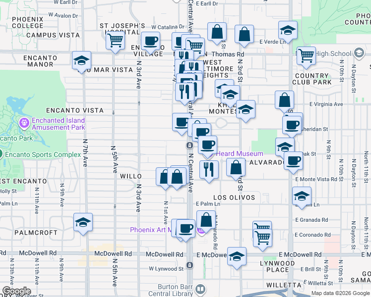 map of restaurants, bars, coffee shops, grocery stores, and more near 2323 North Central Avenue in Phoenix