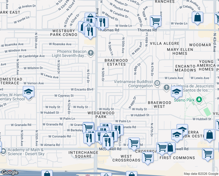 map of restaurants, bars, coffee shops, grocery stores, and more near 5023 West Lewis Avenue in Phoenix