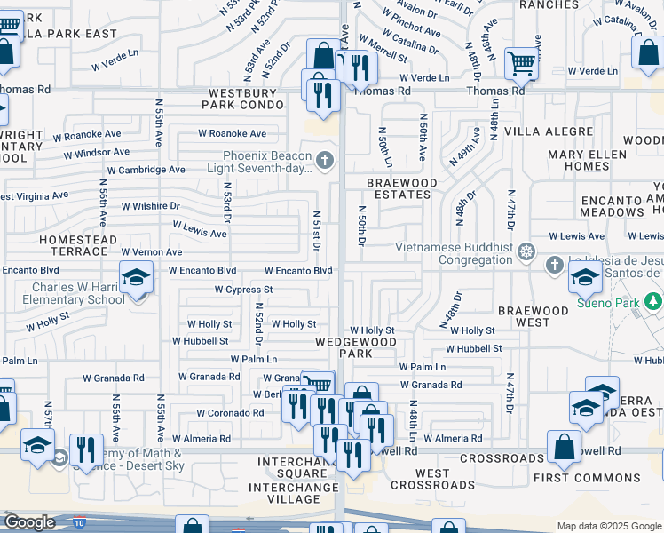 map of restaurants, bars, coffee shops, grocery stores, and more near 2319 North 51st Drive in Phoenix