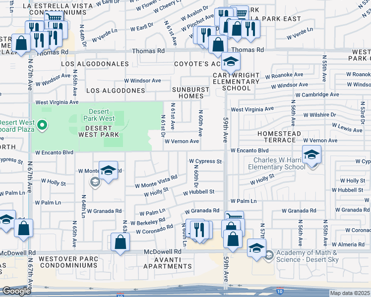 map of restaurants, bars, coffee shops, grocery stores, and more near 6020 West Vernon Avenue in Phoenix