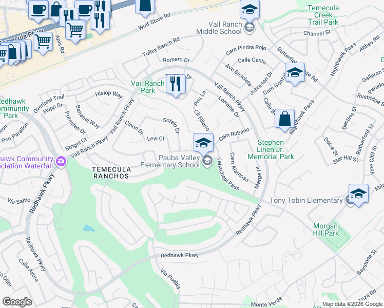 map of restaurants, bars, coffee shops, grocery stores, and more near 33092 Garoli Pass in Temecula