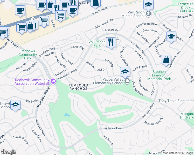 map of restaurants, bars, coffee shops, grocery stores, and more near 32908 Freesia Way in Temecula