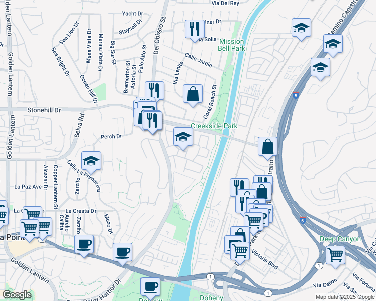 map of restaurants, bars, coffee shops, grocery stores, and more near 33621 Tidewater Drive in Dana Point
