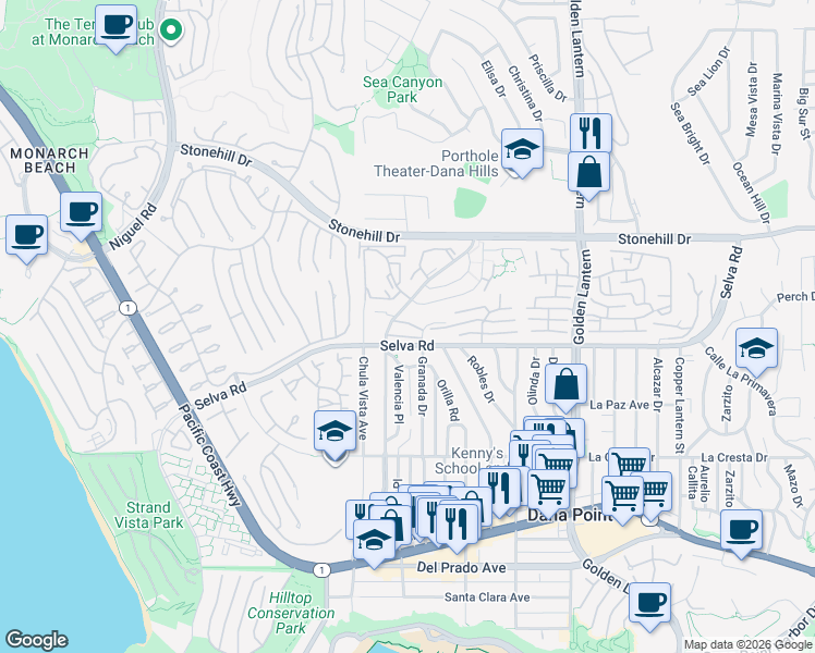map of restaurants, bars, coffee shops, grocery stores, and more near in Dana Point