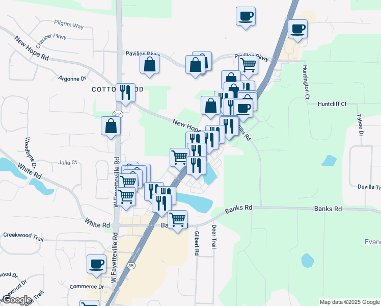 map of restaurants, bars, coffee shops, grocery stores, and more near 1150 Glynn Street North in Fayetteville