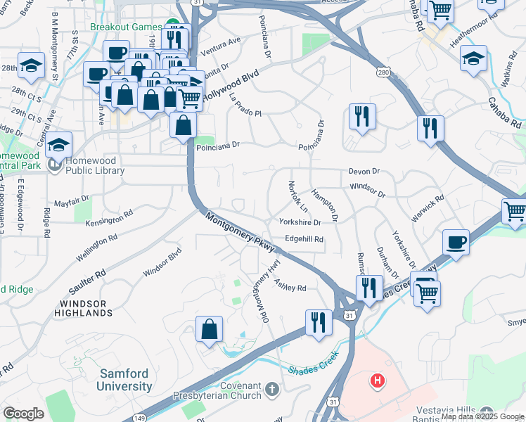 map of restaurants, bars, coffee shops, grocery stores, and more near 109 Devon Drive in Birmingham