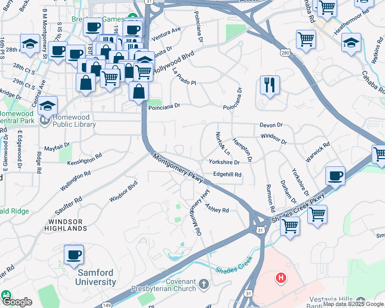 map of restaurants, bars, coffee shops, grocery stores, and more near 3331 Old Montgomery Highway in Homewood