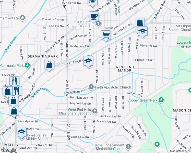 map of restaurants, bars, coffee shops, grocery stores, and more near 1416 19th Place Southwest in Birmingham